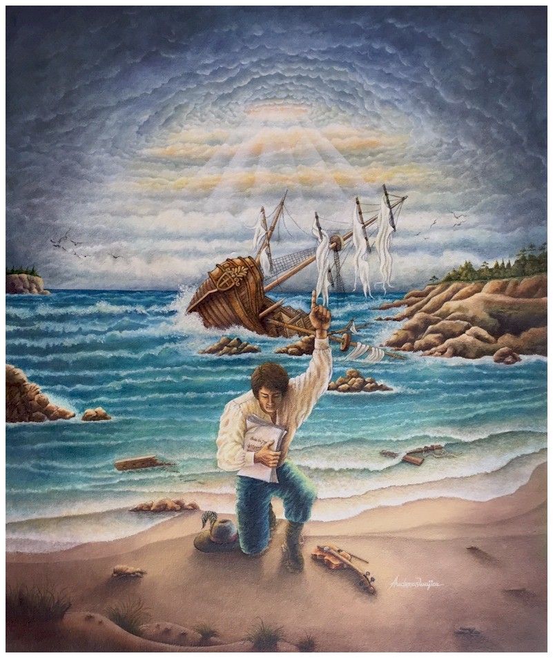 The Survival of Music is a thoughtful oil painting by Andreas Mujica, showing a musician at shore with violin and score pages after surviving a shipwreck