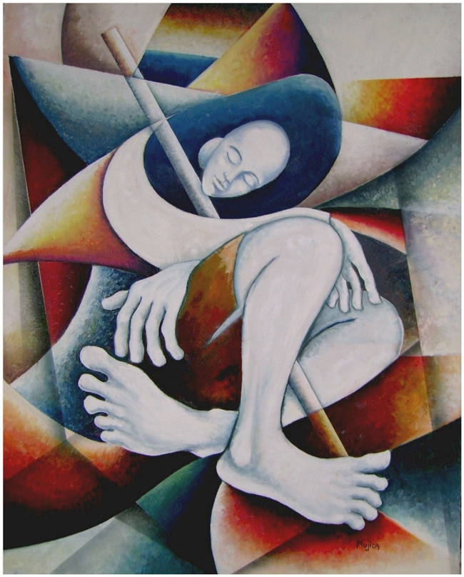 Exceptional oil painting of a sleeping shepherd with staff in vibrant colors and inique geometrical forms