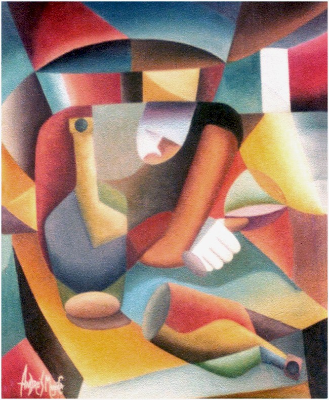 Awesome oil painting of a man drinking alone holding a cup in his right hand and two bottles on the table. Colors and geometrical forms are amazing