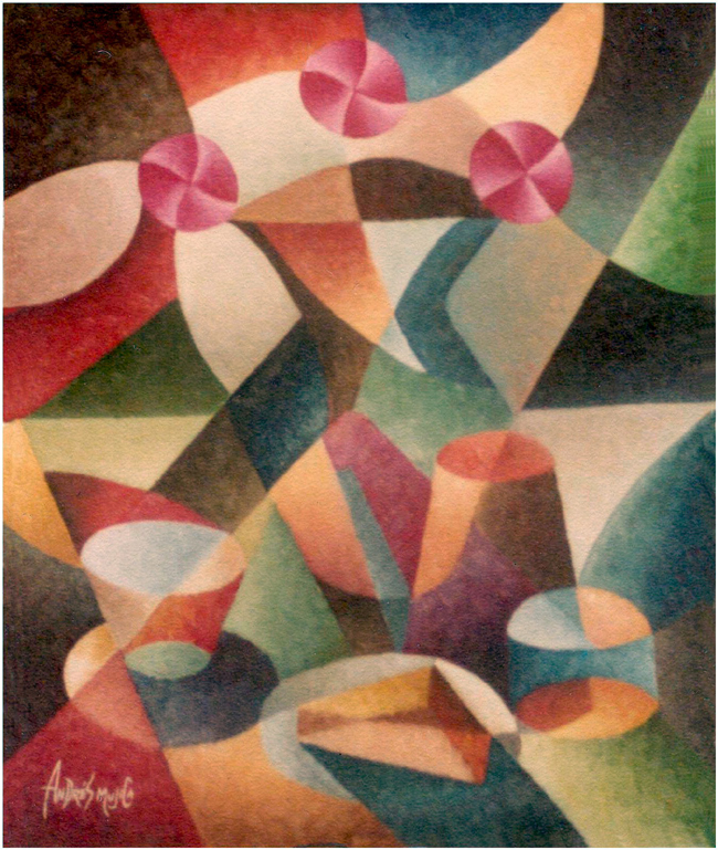 Morning Table colorful oil painting combining the colors and geometrical forms in a very subtle conception of cubism