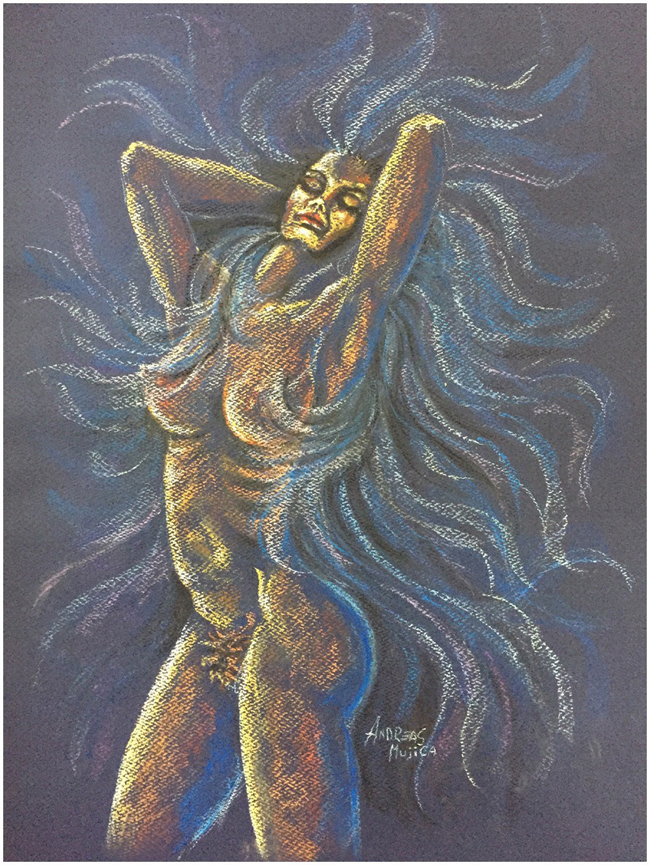 Pastel painting depicting a nude woman in a very sensual posture with long hair in full artistic movement