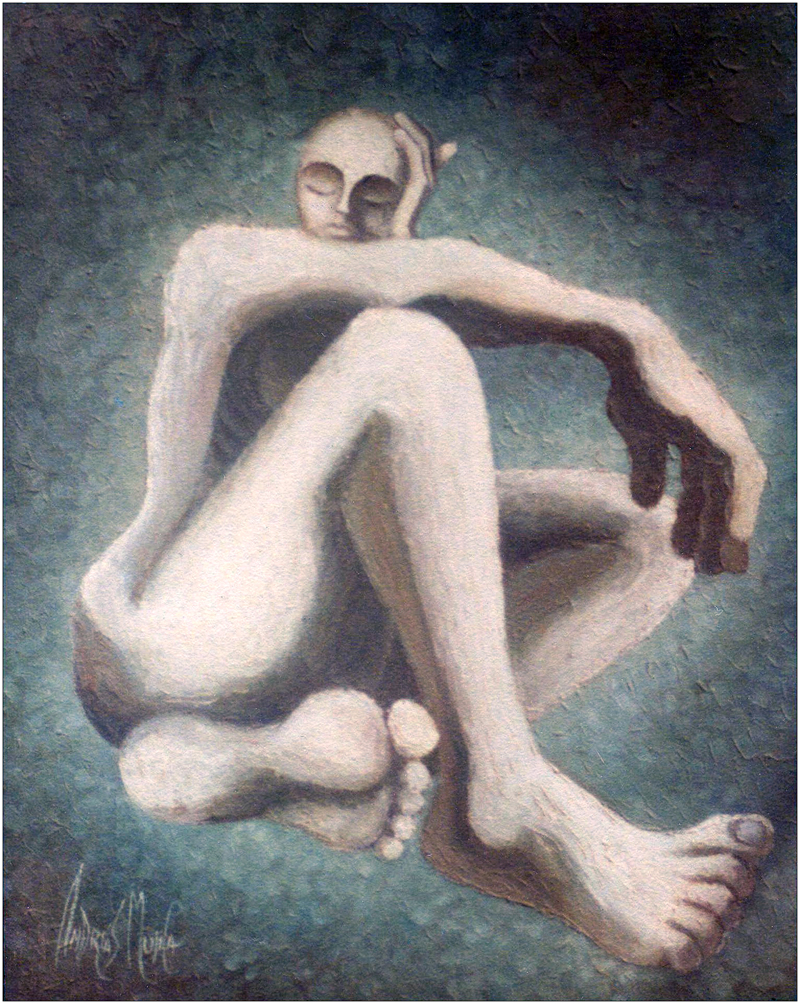 Reflections, Oil Painting by Andreas Mujica showing a nude model in a thinking posture