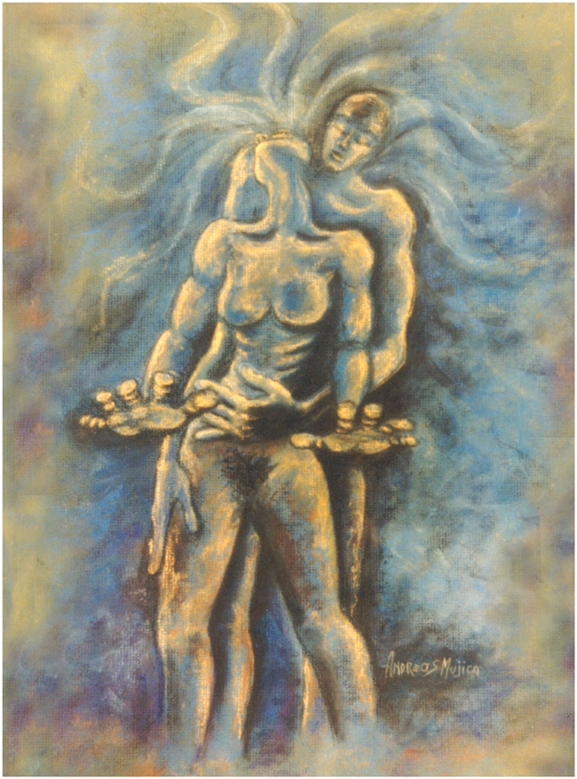 Romance, Pastel Painting by Andreas Mujica shows a naked couple in an intense moment of love