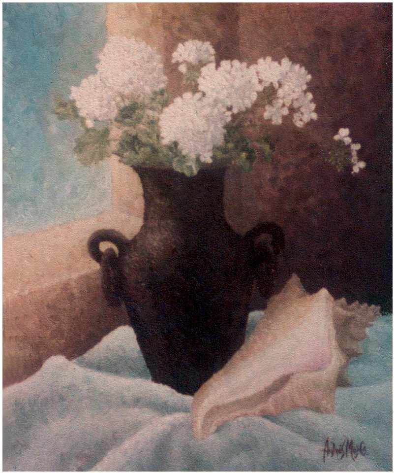 Still Life, oil painting shows a clay flower pot next to a window with white geraniums