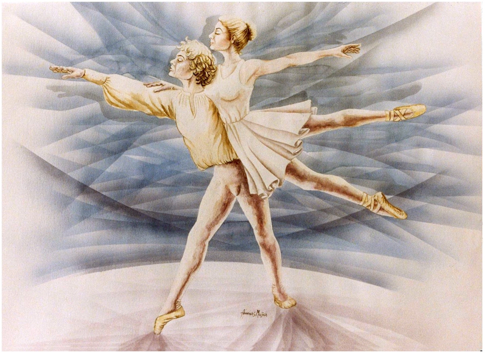 Sublime, watercolor painting showing a pair of ballet dancers in an elegant "pas de deux"