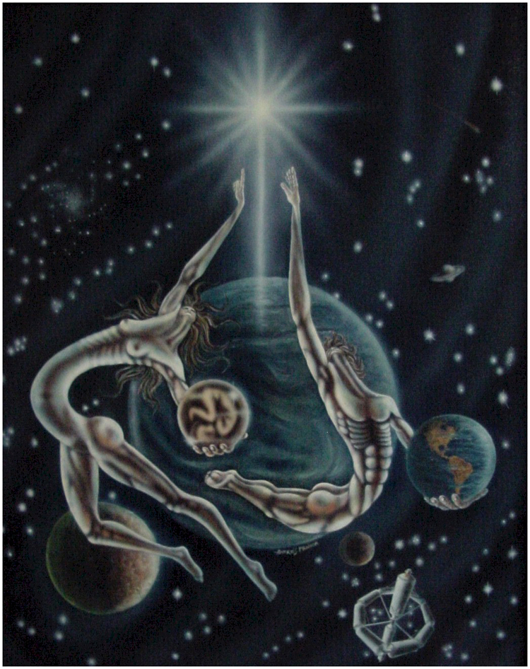 The Search, is a thoughtful oil painting by Andreas Mujica shows a couple searching the Universe