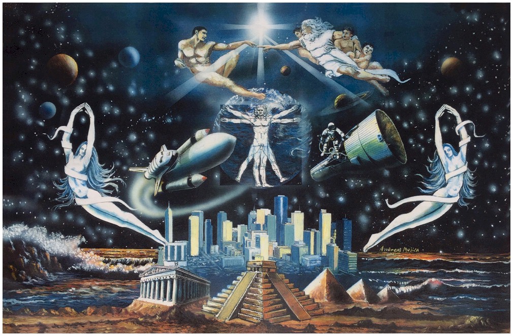 Depiction of Universe with art symbols of mankind developments, humans on space, ancient and modern cities on earth landscape