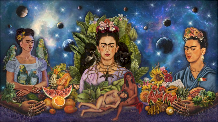  Mural Painting by Andreas Mujica. Depiction of Frida Kahlo paintings, including self portraits and still life images on space background