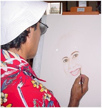 Artist Andreas Mujica working on his acrylic portrait Rosy